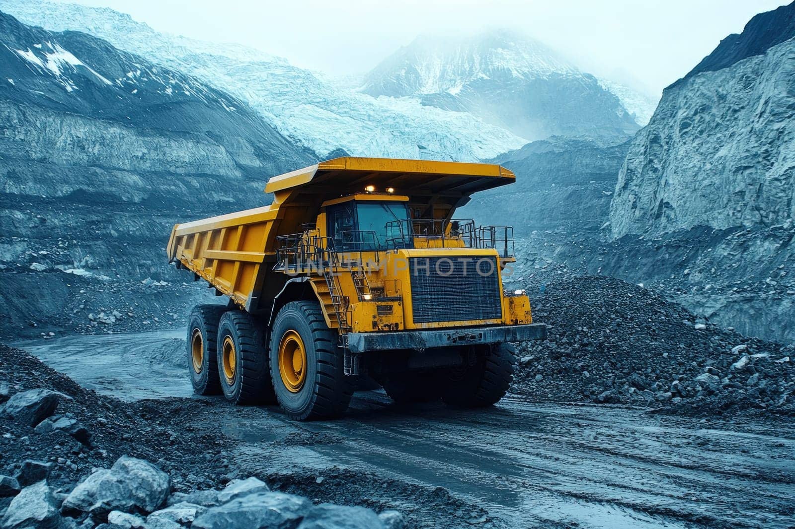 Big yellow mining truck is driving along a road in an open pit mine