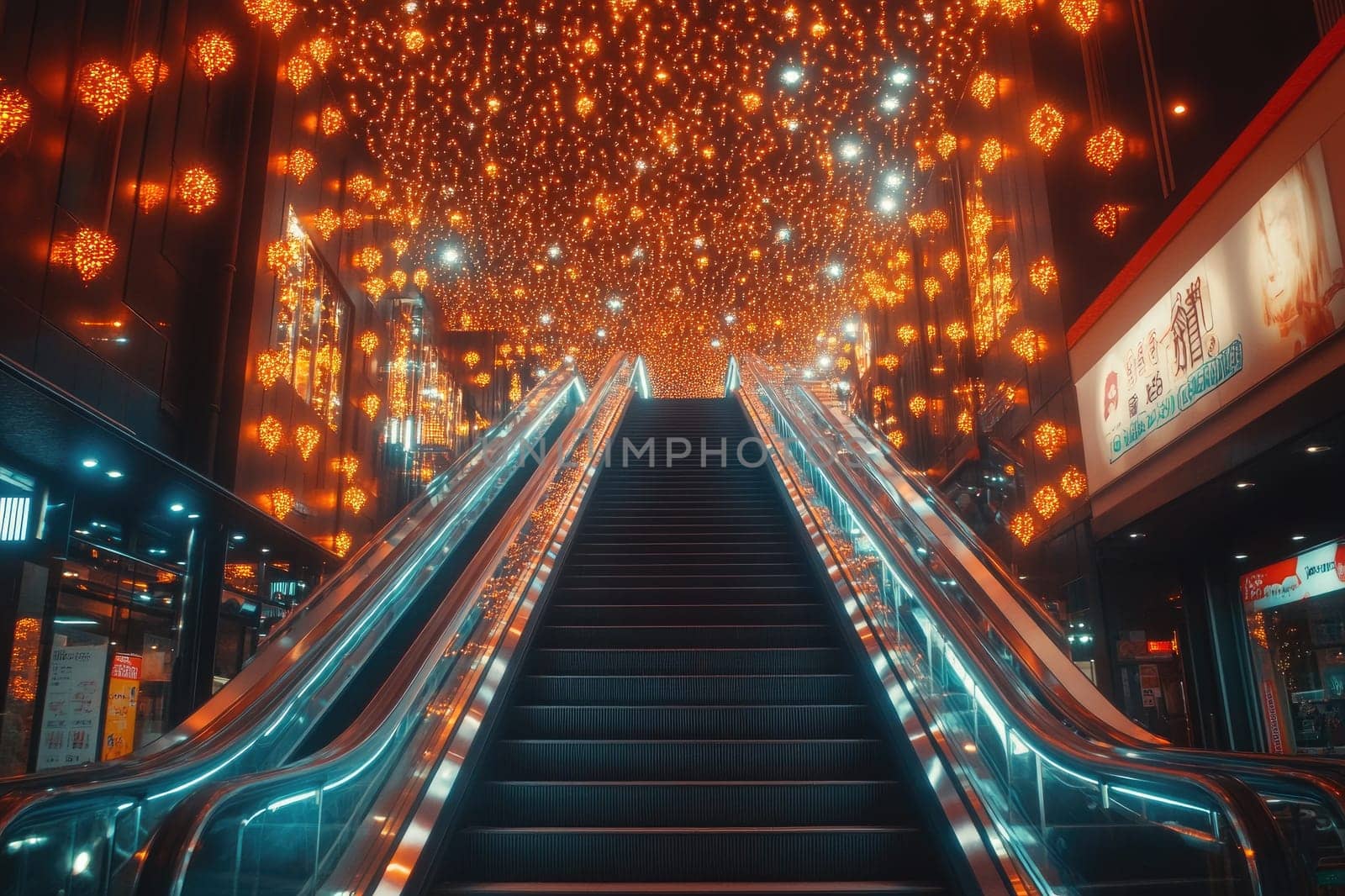Escalator in a shopping mall going up to a beautiful glowing ceiling decorated with lights