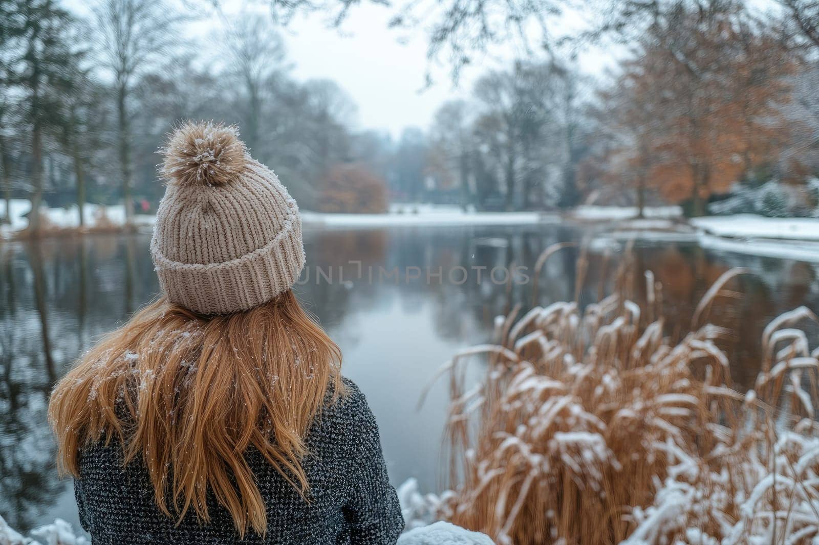 Young woman is appreciating the peacefulness of a snowy landscape in a park