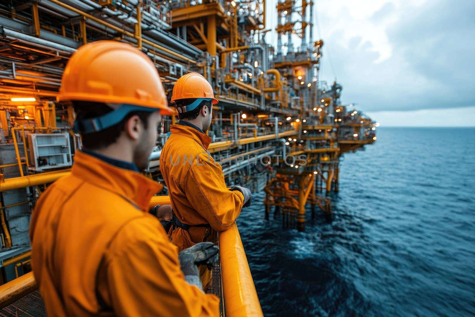 Two oil workers wearing orange jumpsuits and hard hats are standing on an oil rig in the middle of the sea