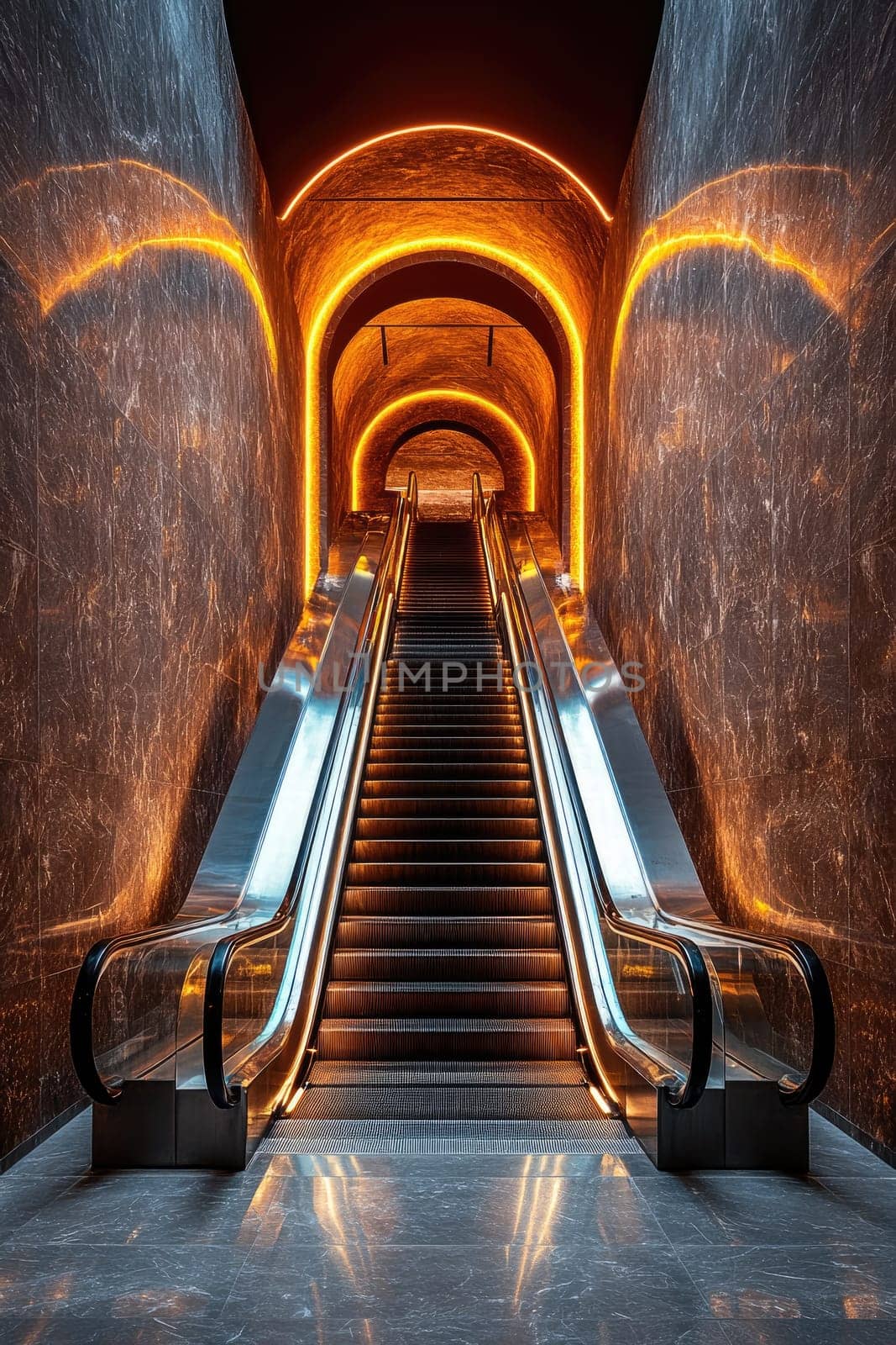 Modern escalator is transporting people to an unknown underground destination illuminated with warm lights