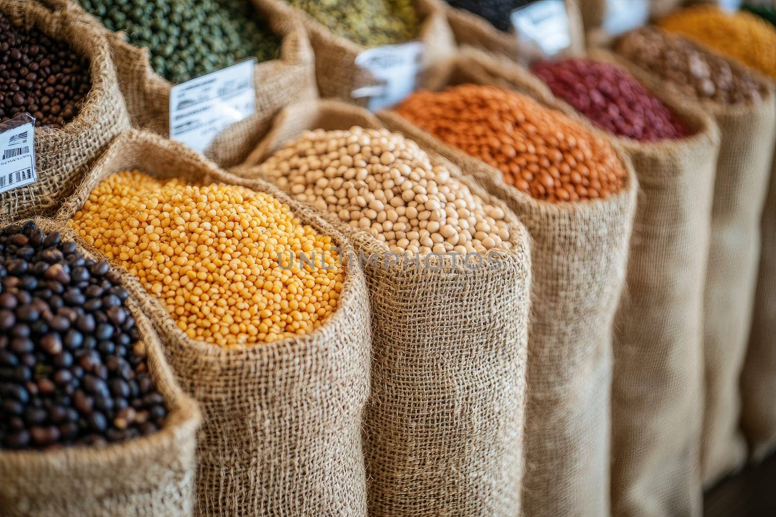 Burlap sacks are overflowing with colorful legumes at a farmers market