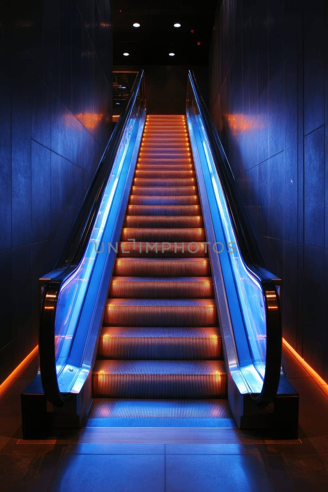 Empty escalator illuminated with blue and orange lights