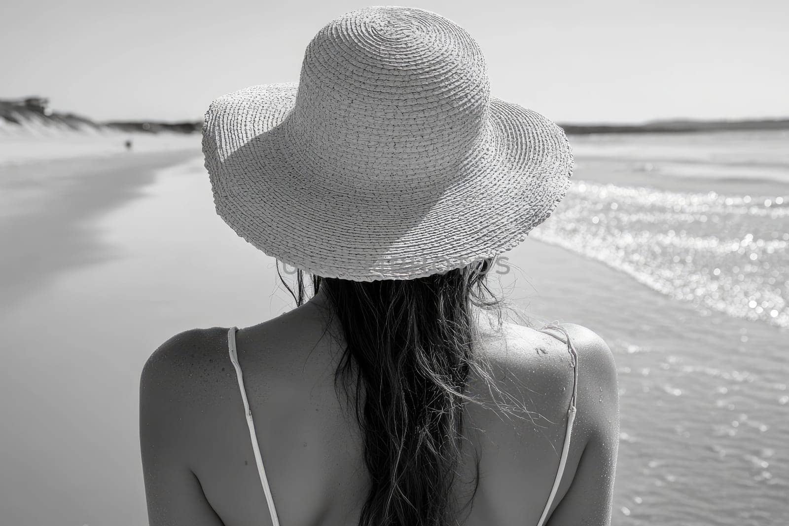 Rear view of a young woman with long hair wearing a straw hat standing on a beach