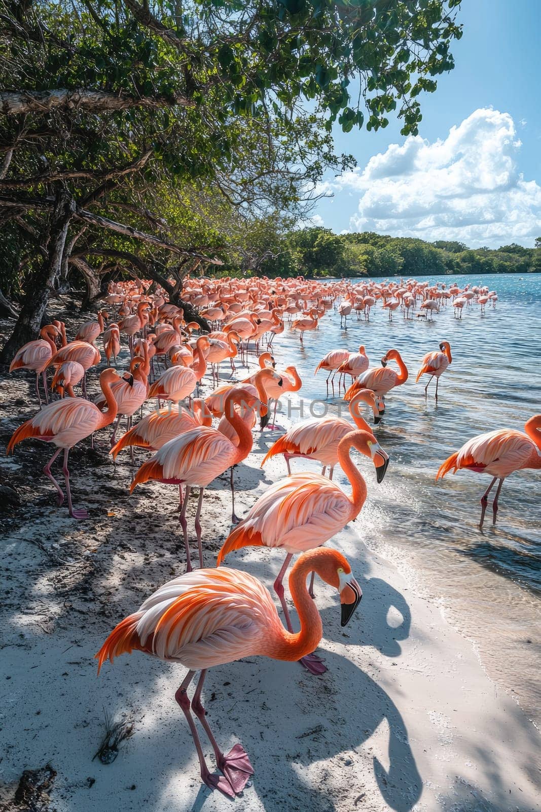Large group of pink flamingos are standing on a white sand beach on a sunny day