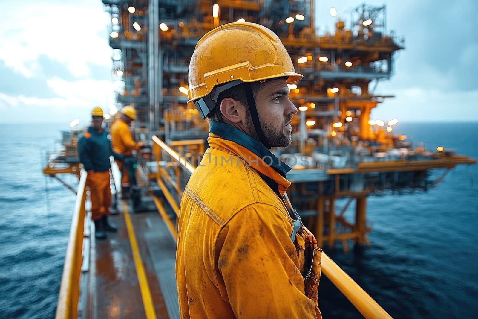 Oil worker wearing coveralls and a hardhat is standing on the platform of an oil rig
