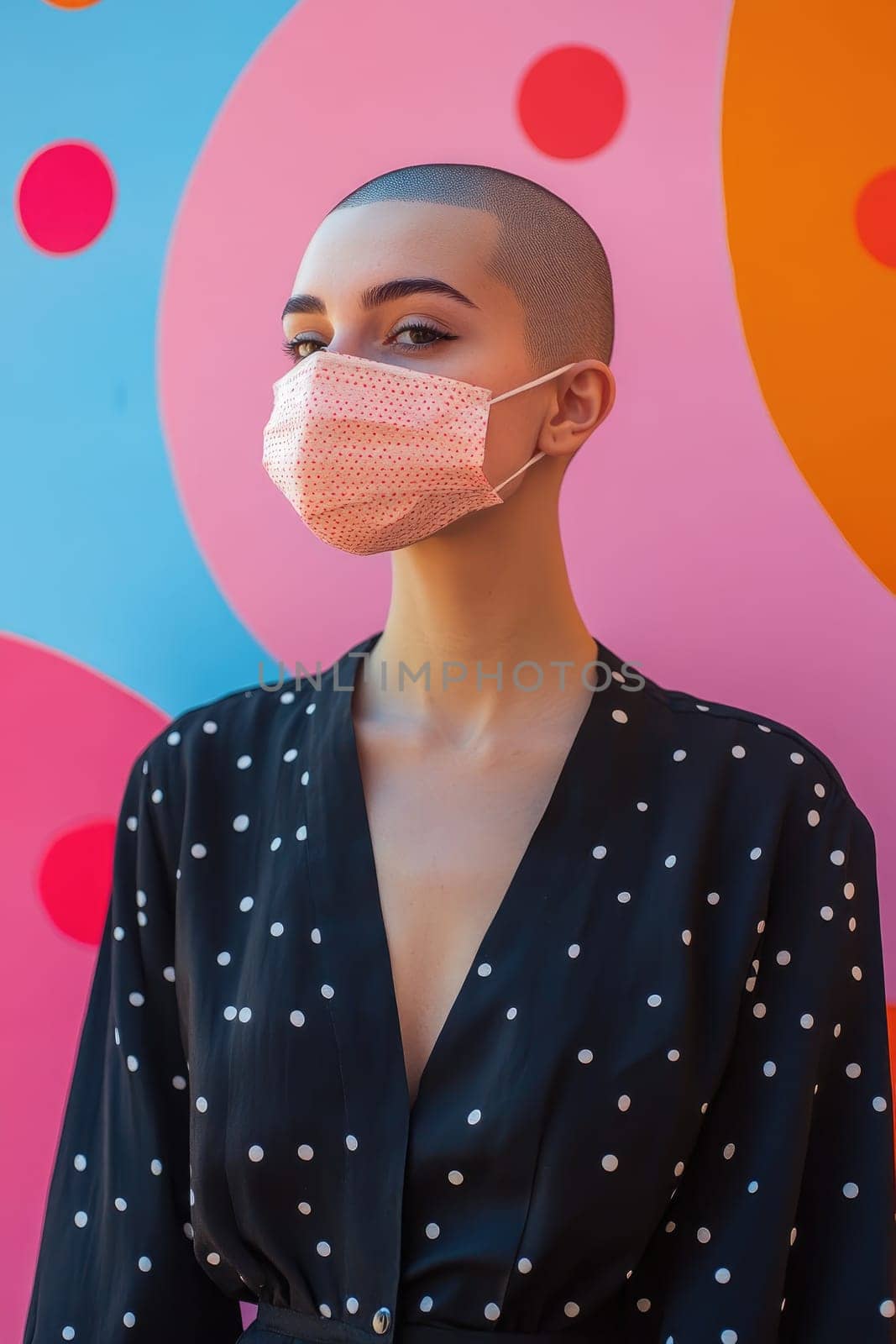 Young woman with a shaved head is wearing a protective face mask and looking into the distance