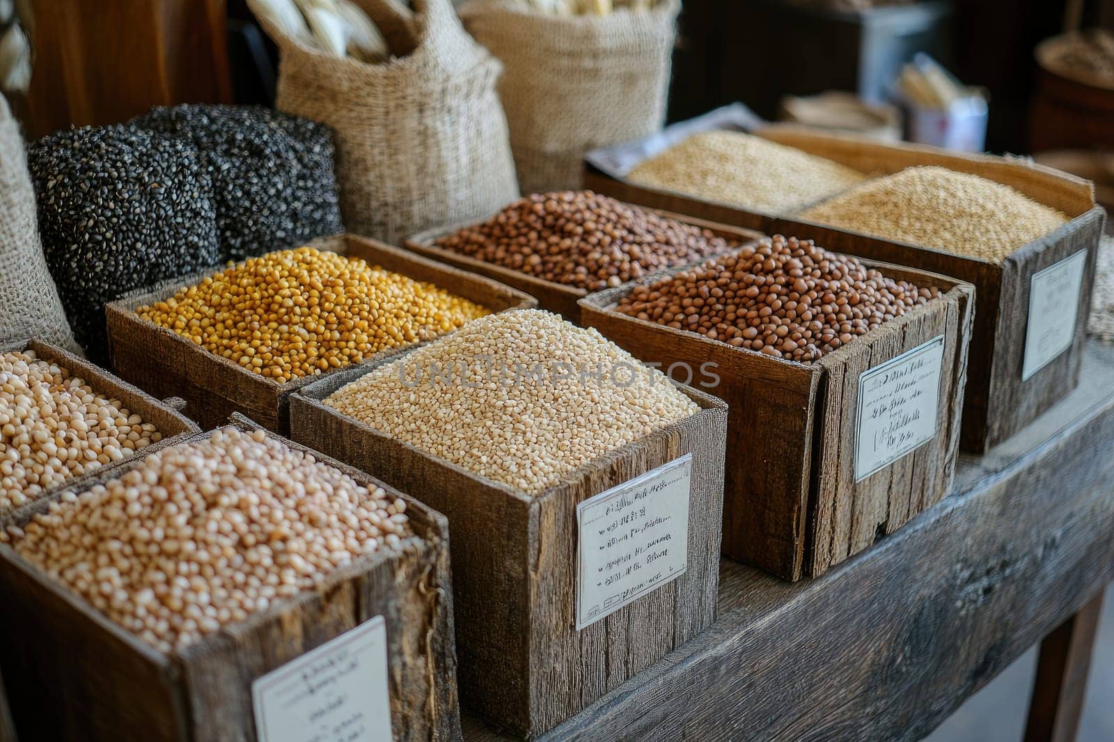 Colorful grains and legumes are displayed in rustic wooden crates at a farmers market