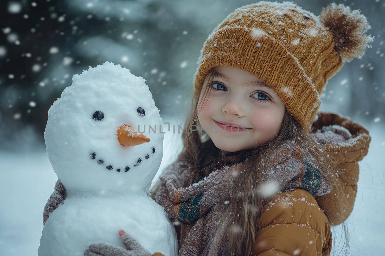 Smiling girl is hugging a snowman while snowflakes are falling on them in a winter forest