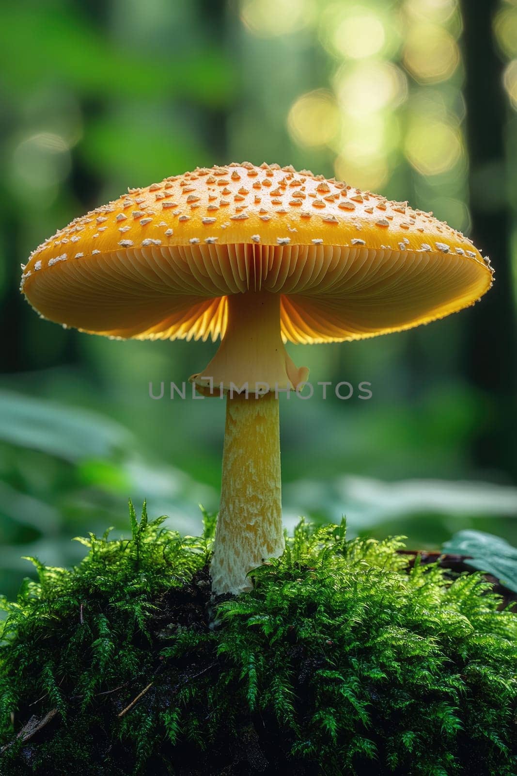 Fly agaric mushroom with a bright yellow cap growing on a mossy forest floor with blurred green background