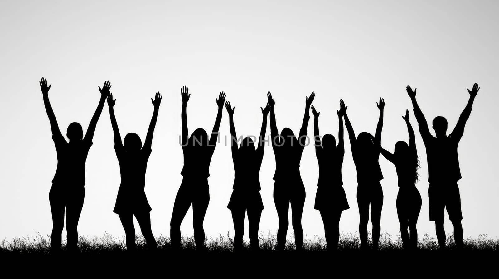 Silhouettes of a group of people raising their arms in the air