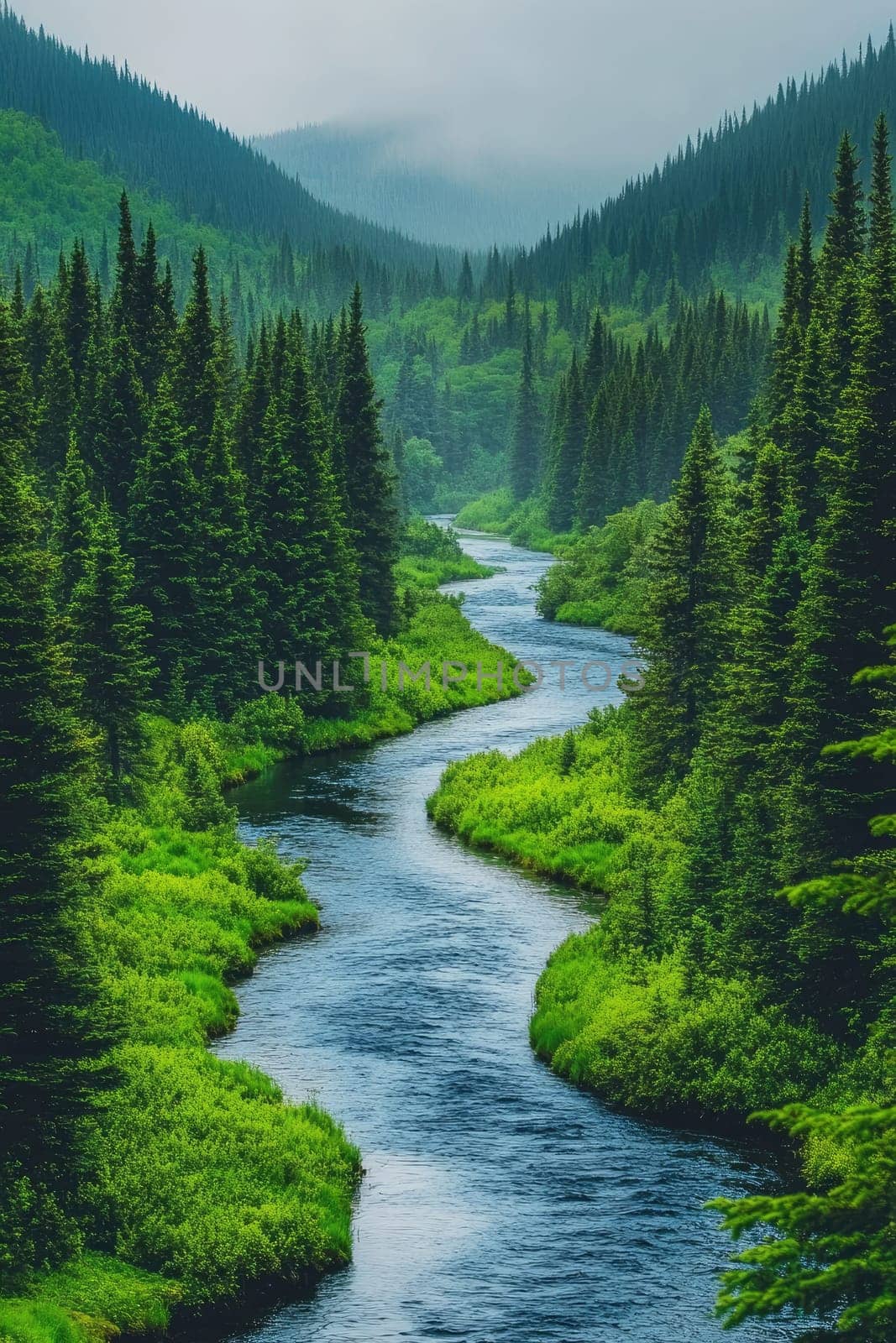 Breathtaking view of a river winding its way through a vibrant green forest, showcasing the tranquility and beauty of nature
