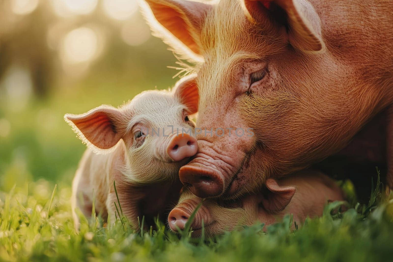 Sow is cuddling with her piglets in green grass on a farm at sunset