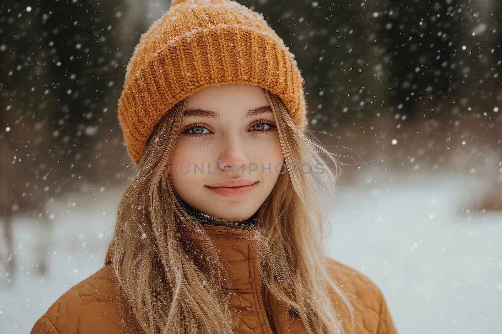 Beautiful young woman wearing a wool cap and scarf enjoying a snowy winter day