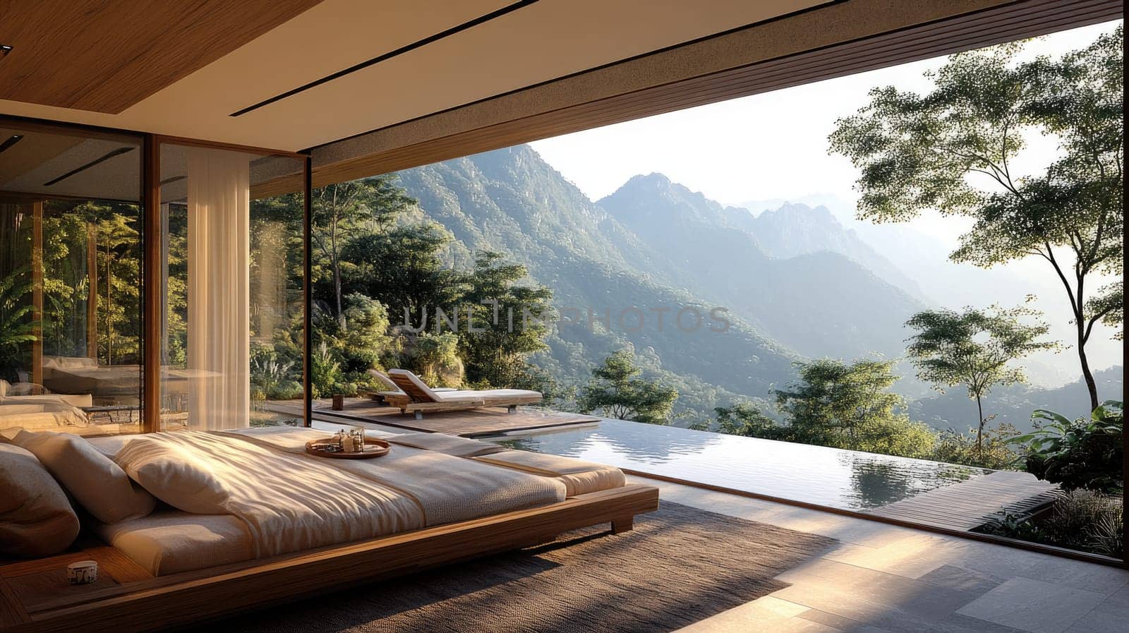 Luxurious bedroom with an open design overlooking a tropical forest and mountain range