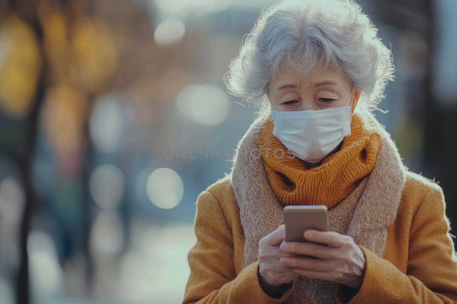 Elderly woman is walking in the city while wearing a protective face mask and using her smartphone