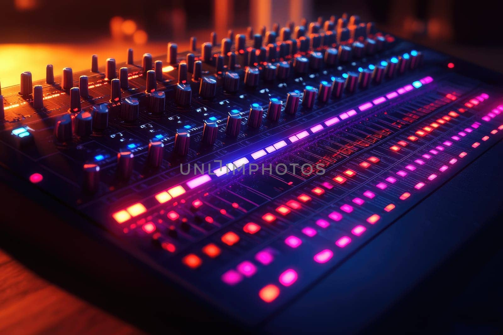 Professional audio mixing console is glowing in neon lights at a concert, ready for a sound engineer to adjust levels