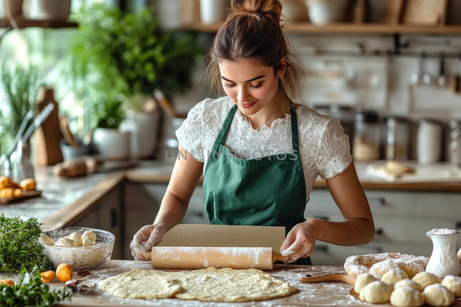 Young woman is carefully rolling out dough on a rustic wooden table, surrounded by fresh ingredients