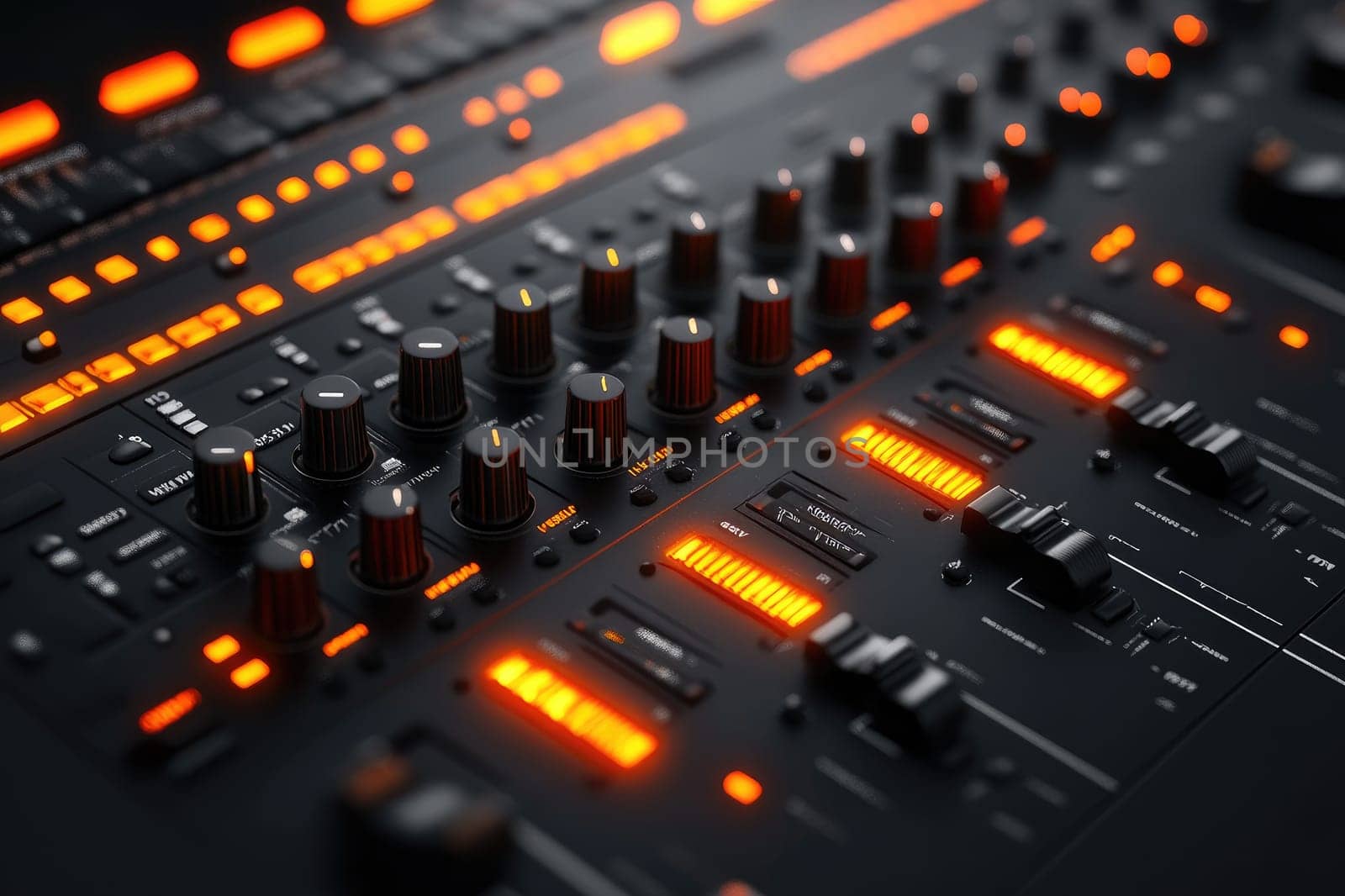 Professional audio mixer interface is glowing with illuminated faders and knobs, ready for a sound engineer to create