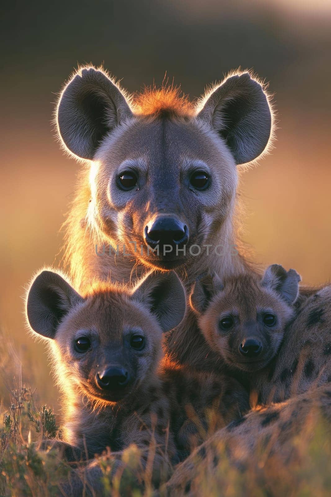Hyena mother is watching us with her two cubs lying down in the african savanna at sunset