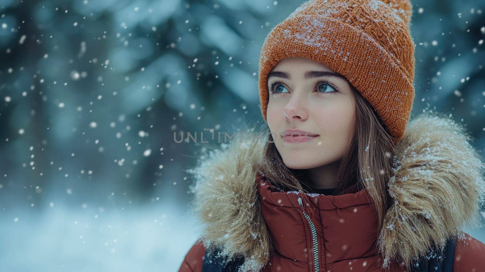 Young woman is enjoying a snowy day in the forest, wearing a warm hat and coat