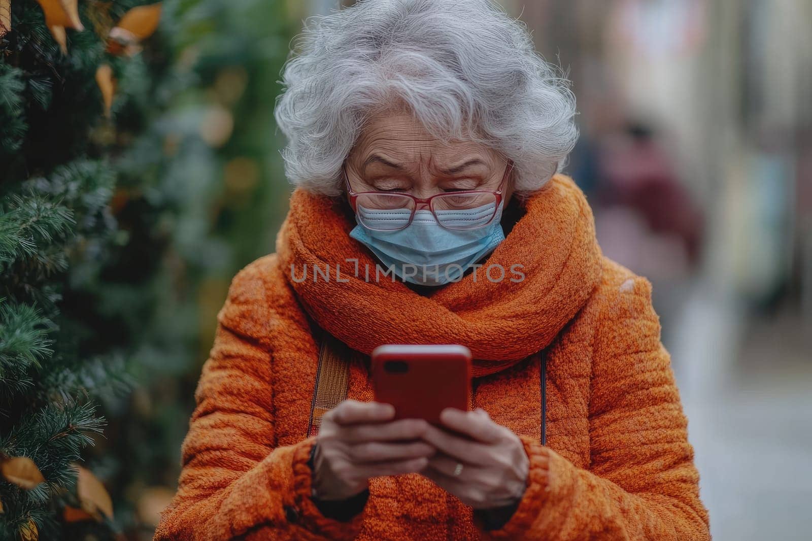 Elderly woman is wearing a protective face mask while using her smartphone in a city setting