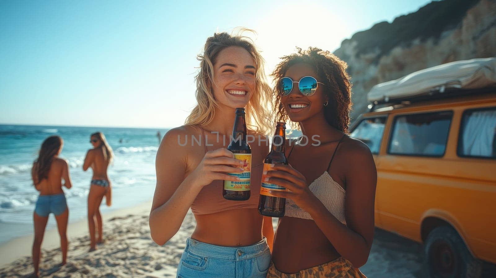 Two young women are smiling and drinking beer on the beach with friends and a van in the background