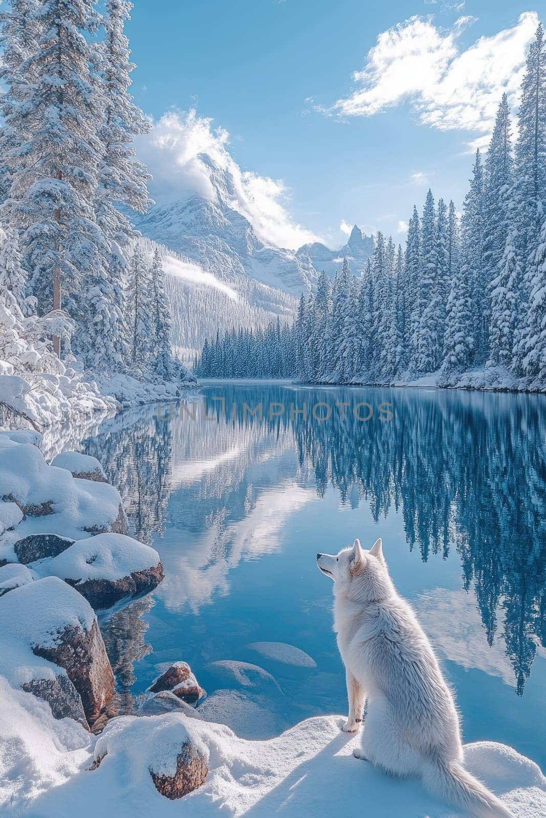 Beautiful white dog sitting on the snowy shore of a lake in the mountains, admiring the landscape on a sunny winter day