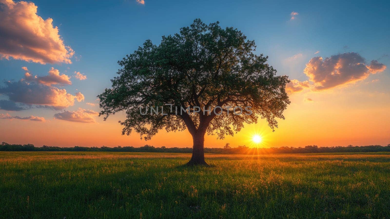 The sun is setting behind a lone tree standing in a field
