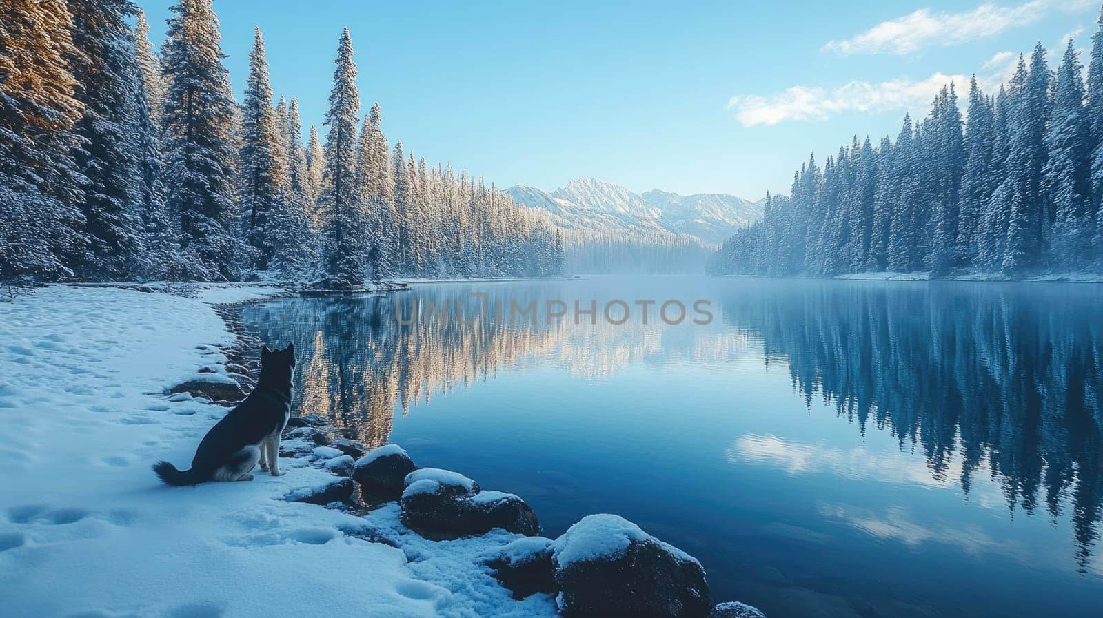 Husky dog sitting on snow covered shore of mountain lake