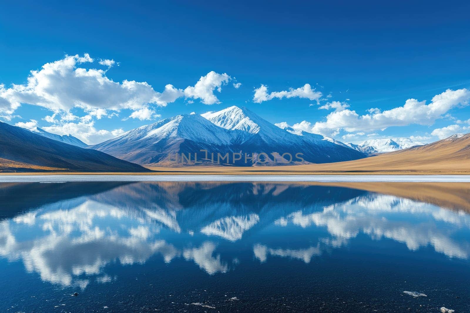 Snow capped mountain reflecting perfectly in serene lake on a sunny day with blue sky and clouds