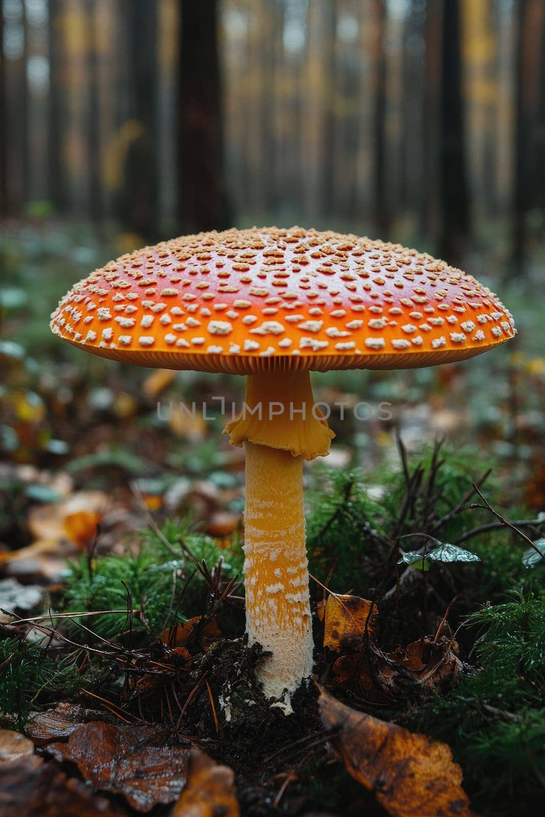 Bright red and white mushroom with distinctive white spots is growing on the forest floor