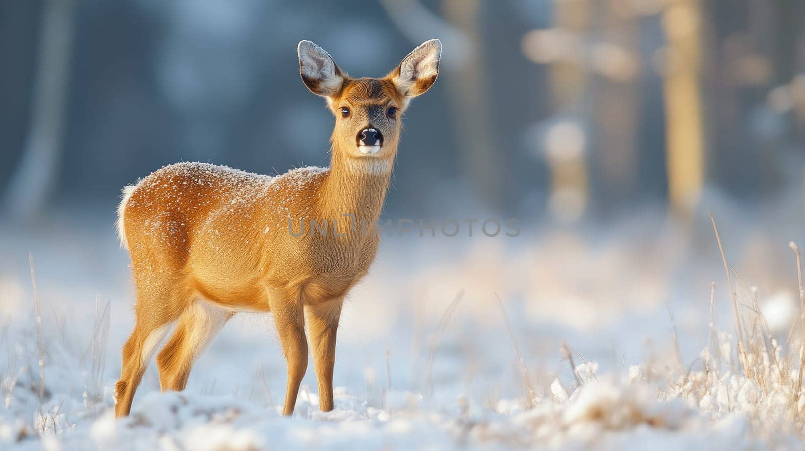Young white-tailed deer is standing in the snow in a field, with a forest in the background