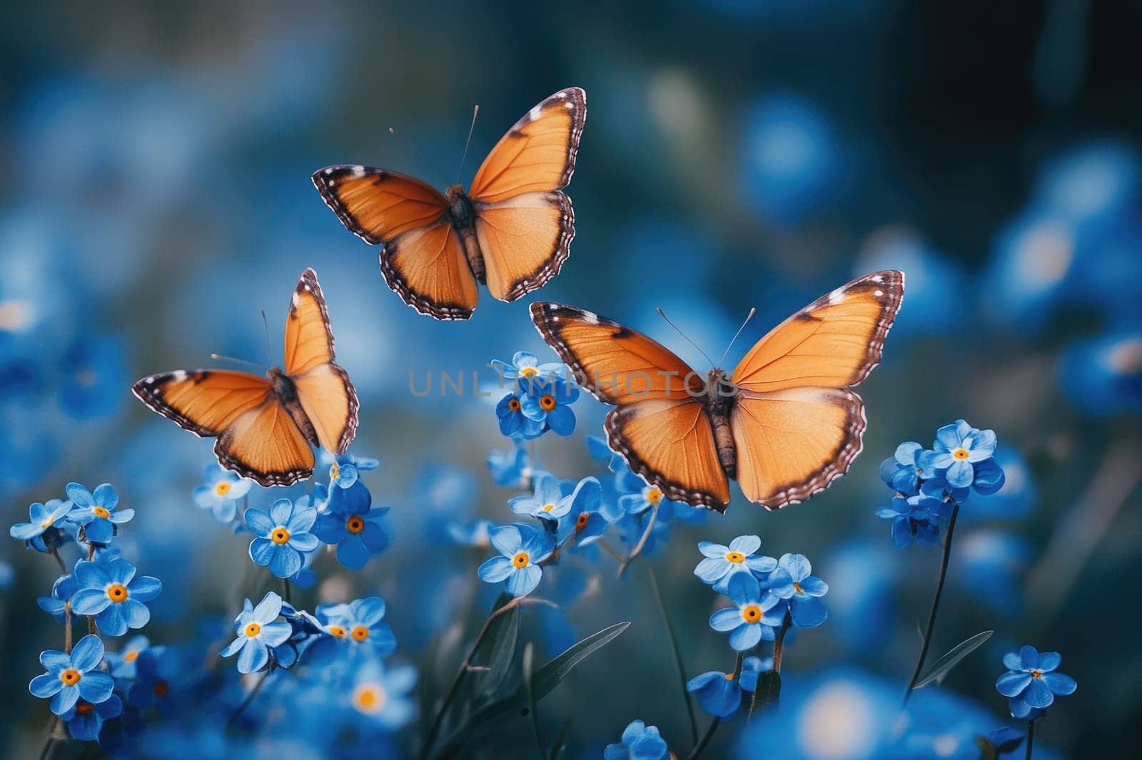 Three monarch butterflies are flying over a field of blue forget-me-not flowers