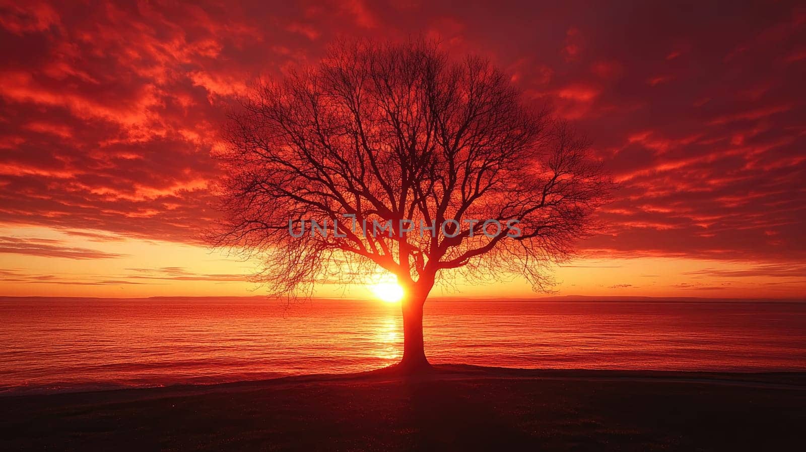 The sun is setting over a lake, creating a fiery red sky behind the silhouette of a leafless tree