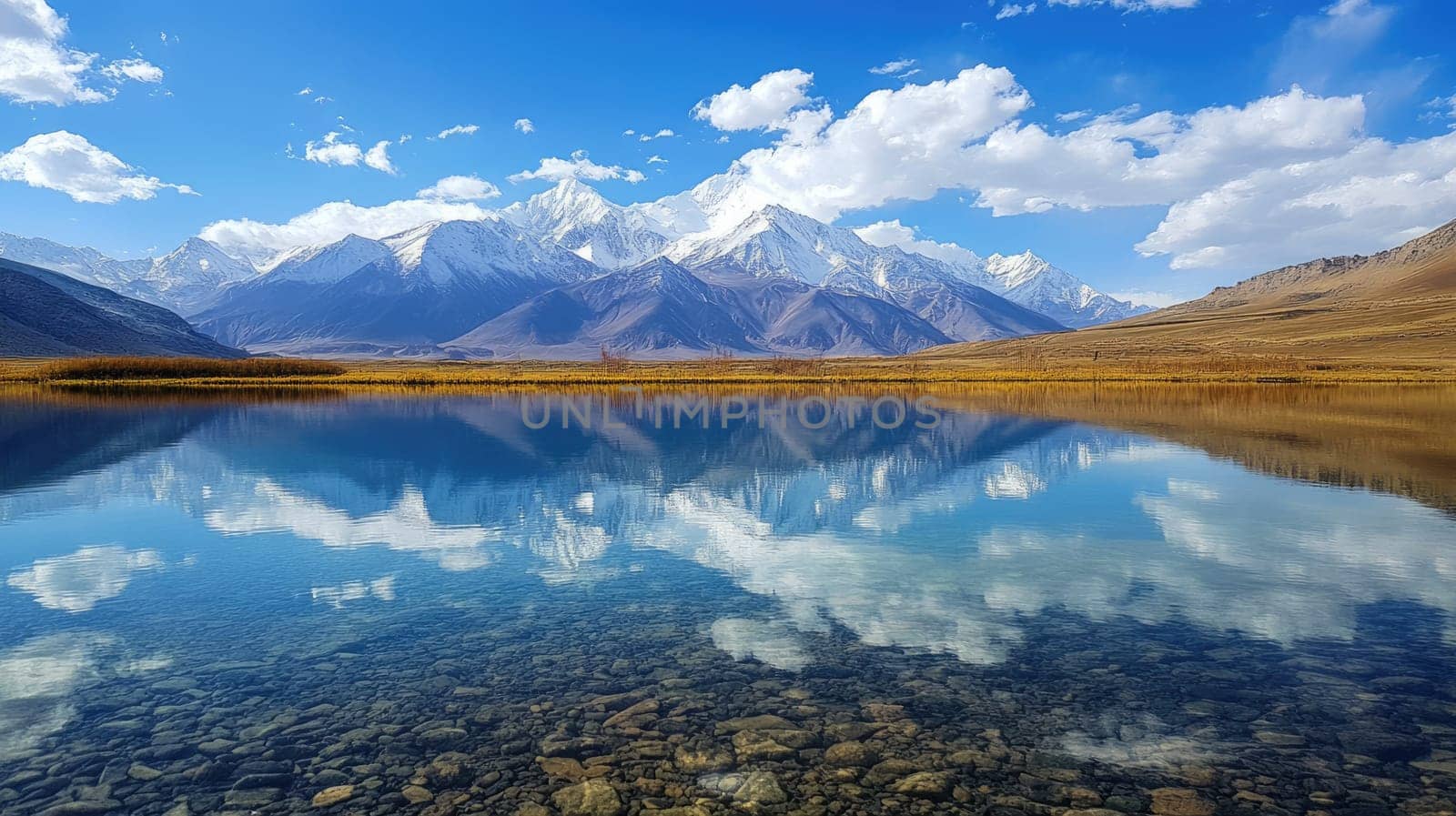 Scenic landscape of a crystal clear lake reflecting a snow capped mountain range on a beautiful sunny day