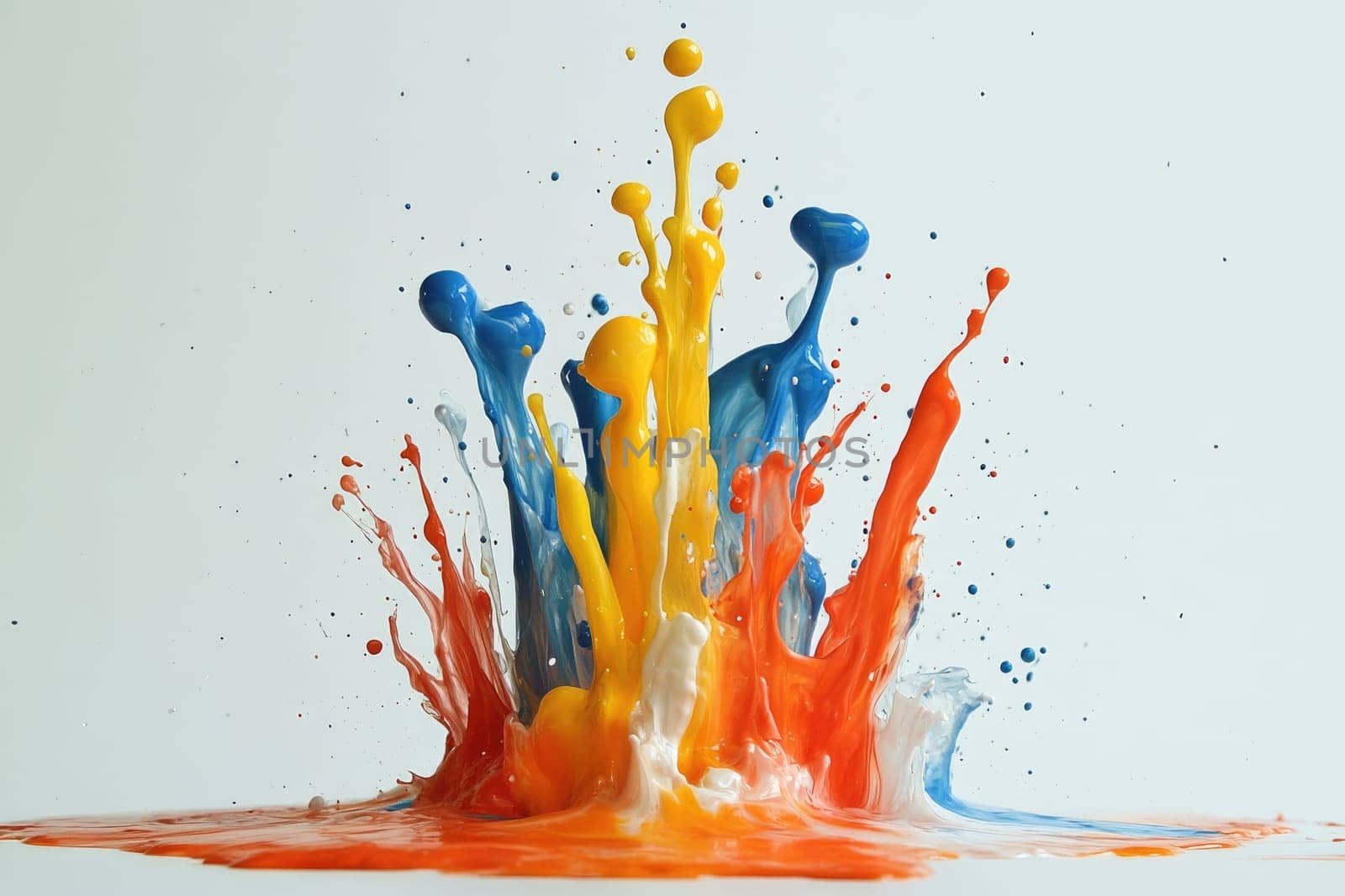 Streams of colorful paint exploding and mixing together on a white background