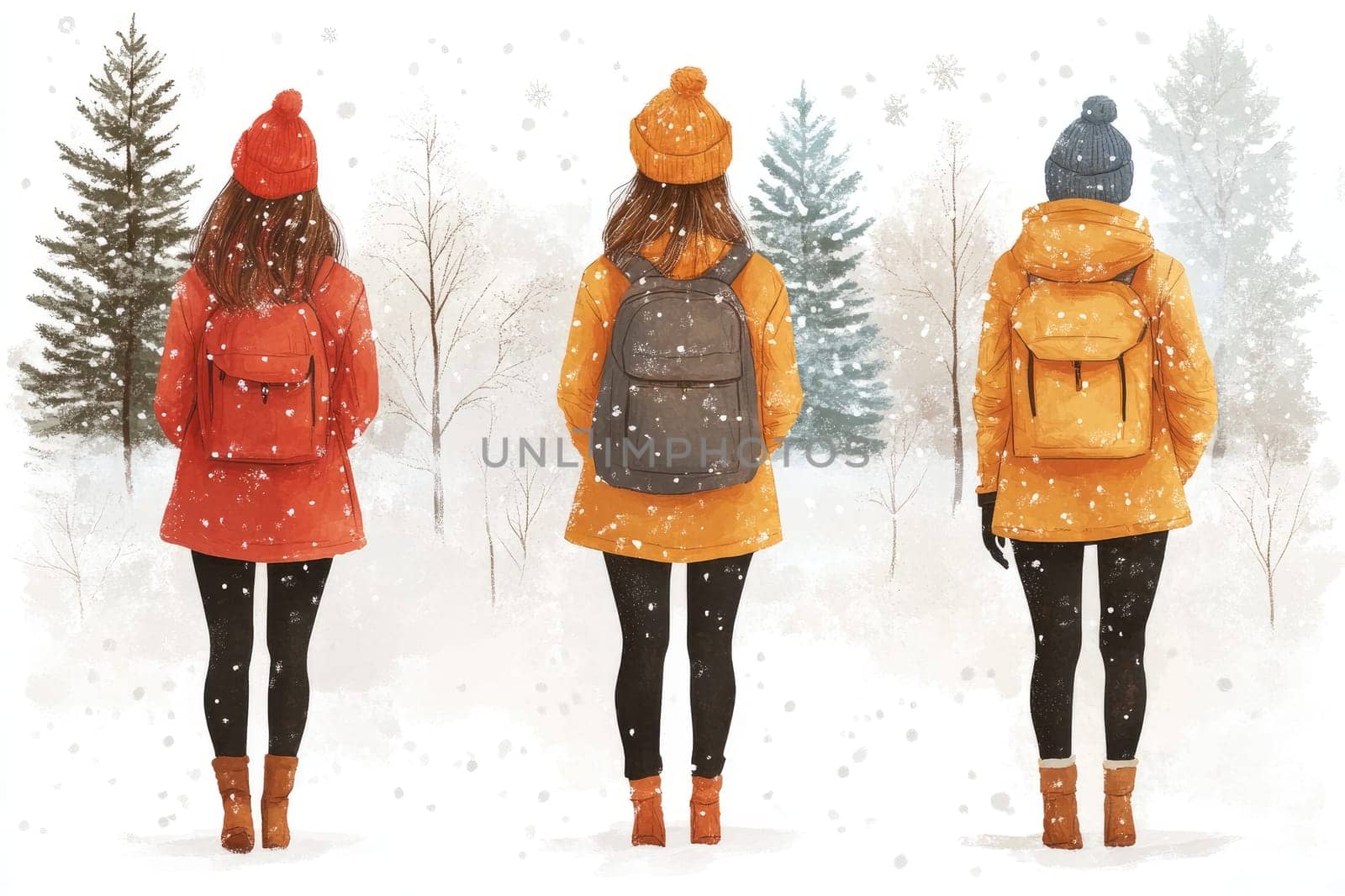Three hikers standing on a snowy path wearing winter clothes with backpacks enjoying a snowy landscape