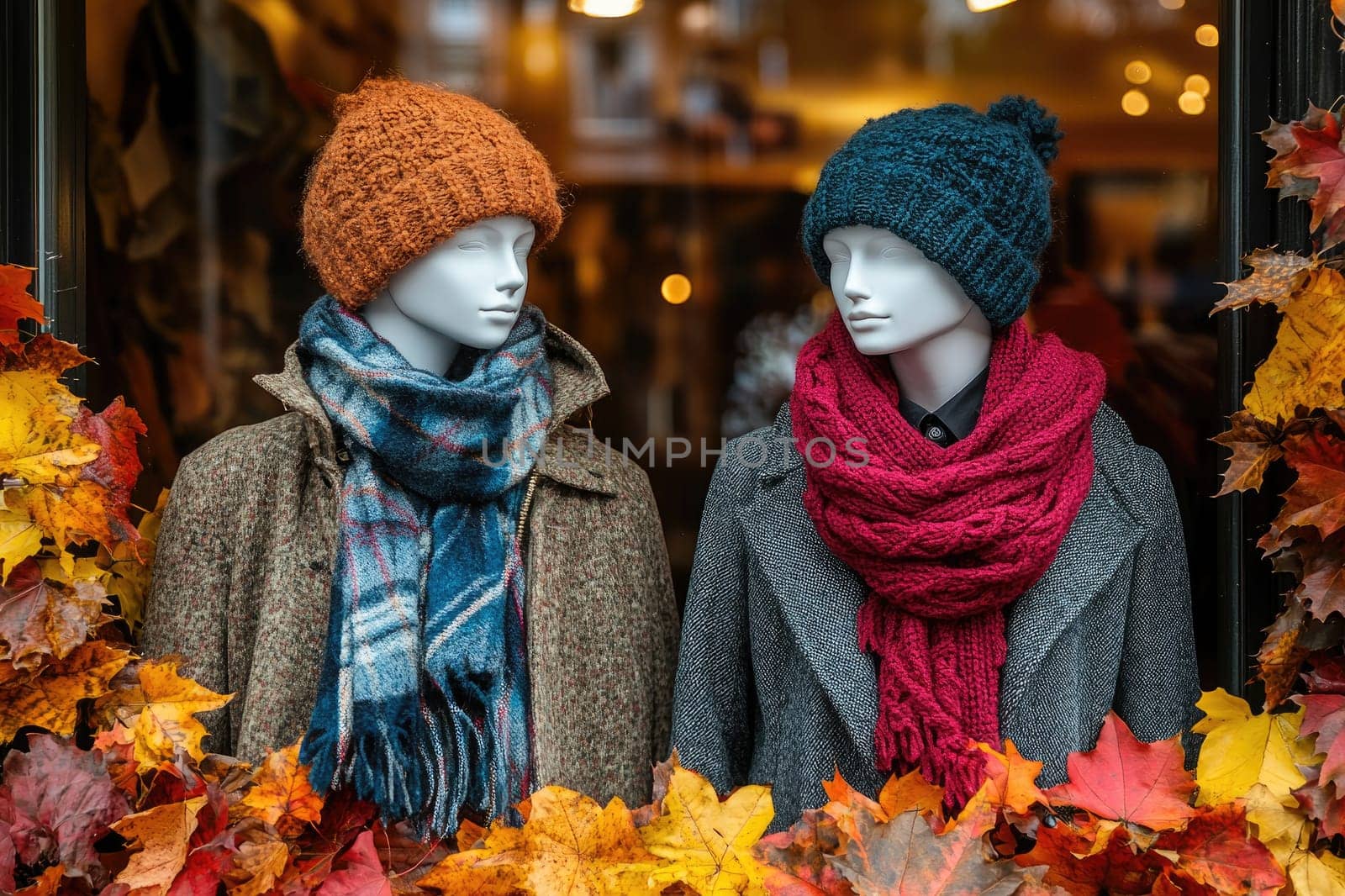 Two mannequins are modeling warm winter clothing in a storefront window decorated for autumn
