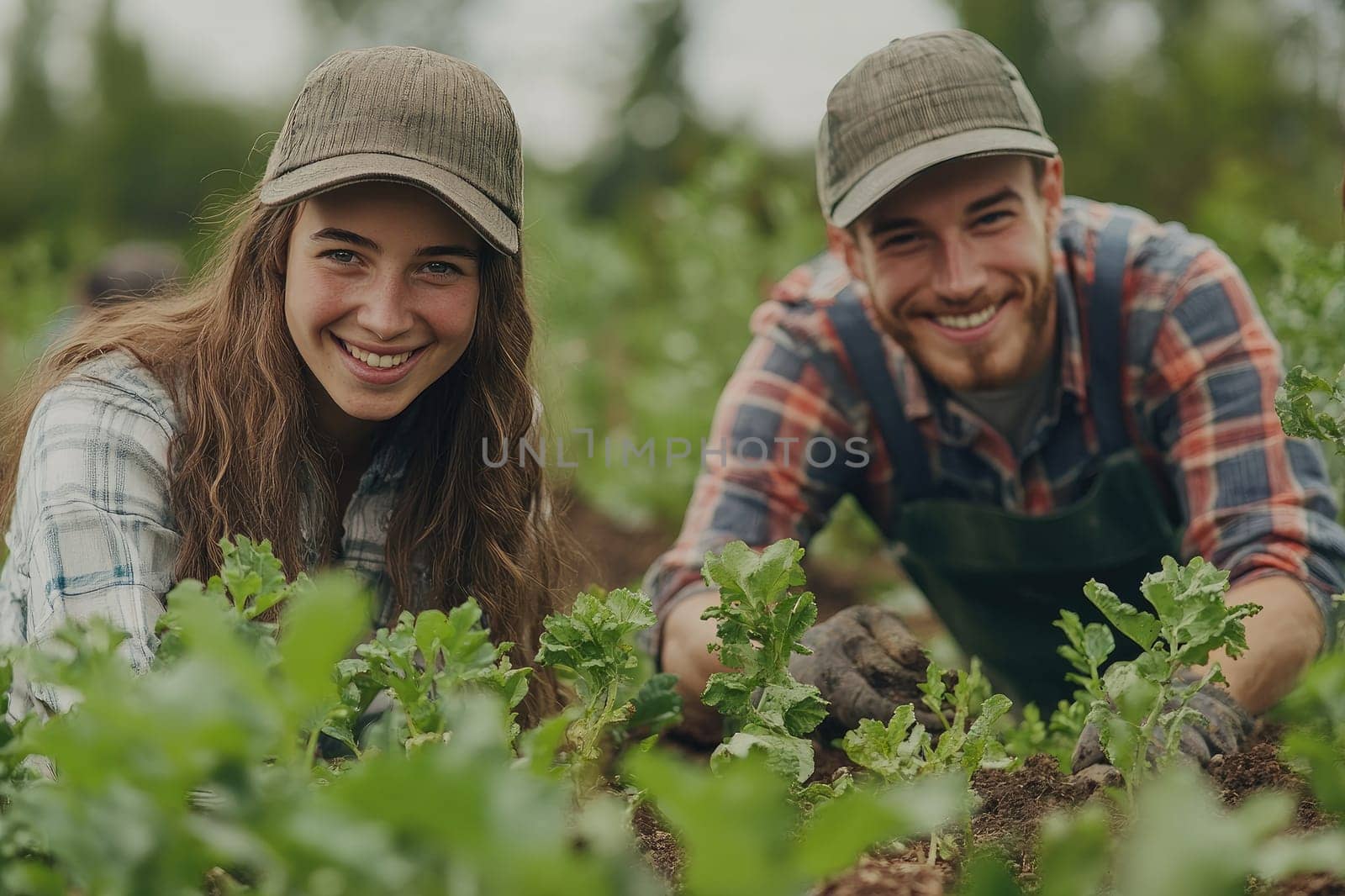 Two young farmers tending to young crops in their field, leaning toward the camera and smiling