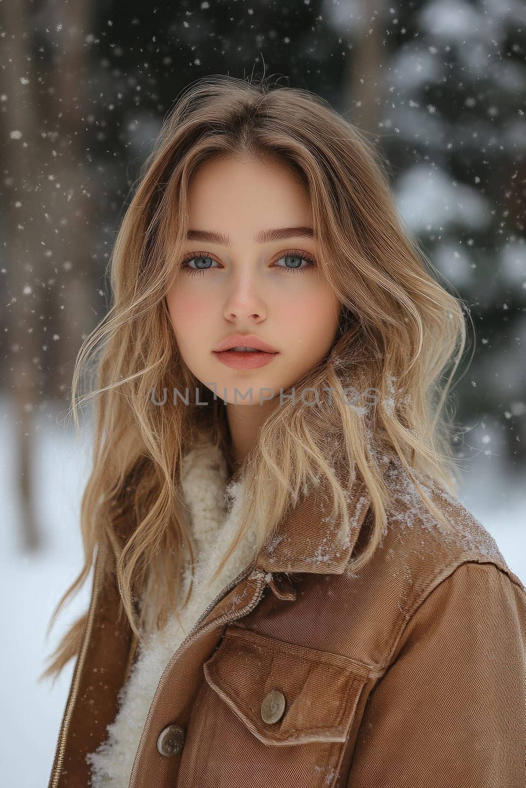 Beautiful young woman is posing outdoors on a snowy winter day