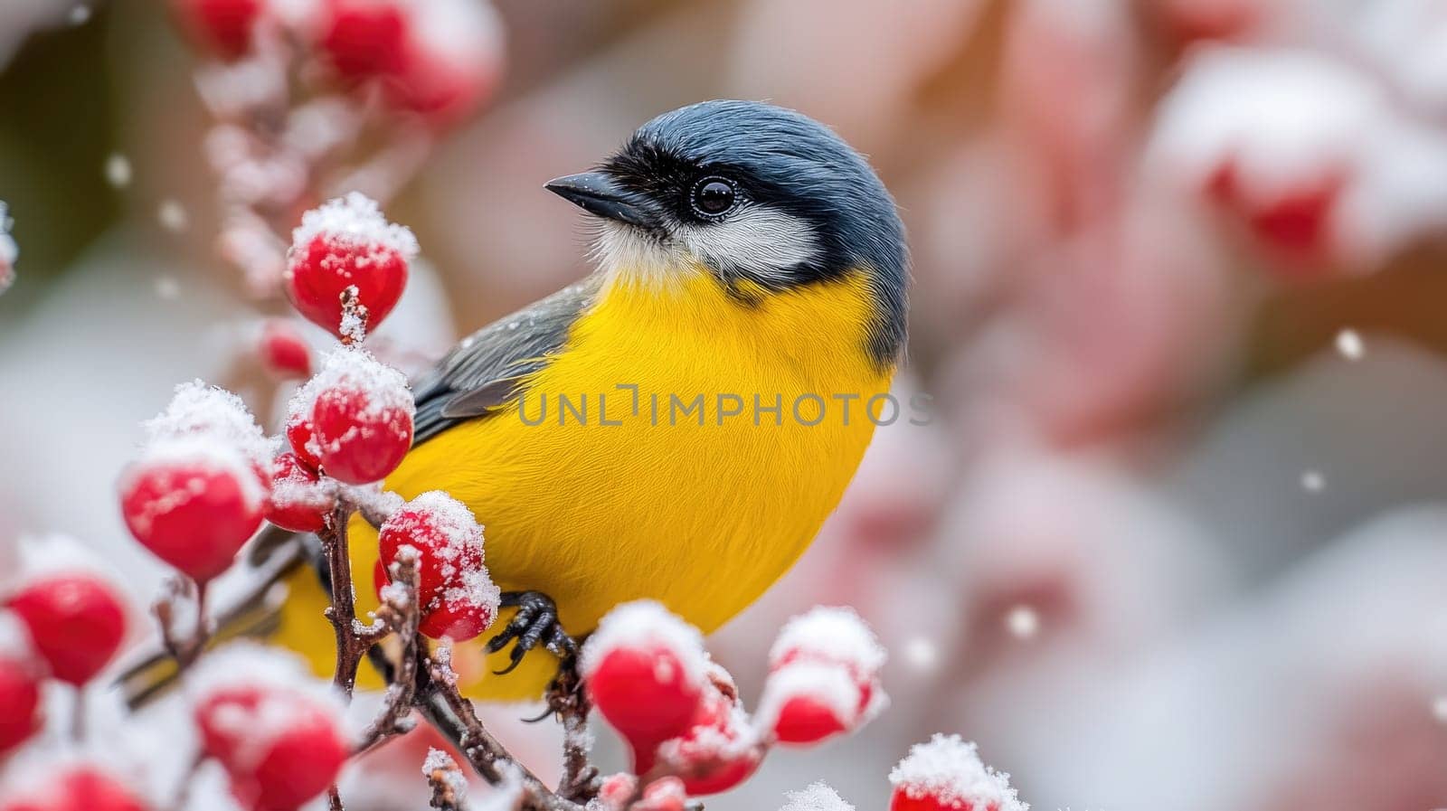 Beautiful yellow bird is sitting on a branch of a mountain ash with red berries covered with the first snow