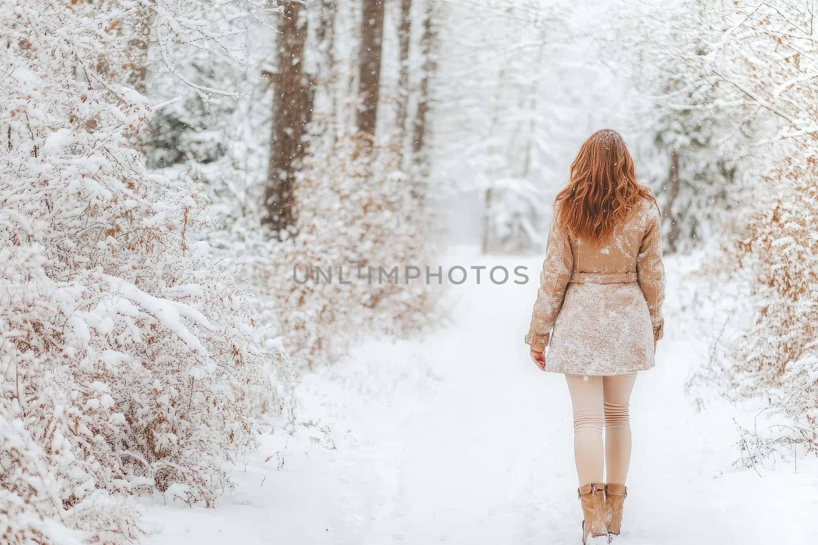 Young woman is enjoying a snowy day in the woods, taking a walk on a path covered in fresh snow