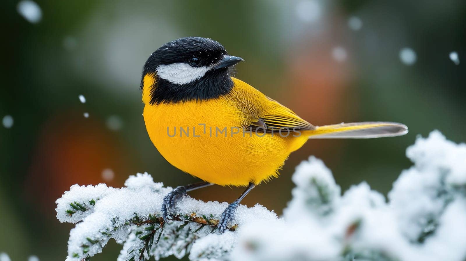 Yellow bird with a black and white head is perching on a snow-covered branch