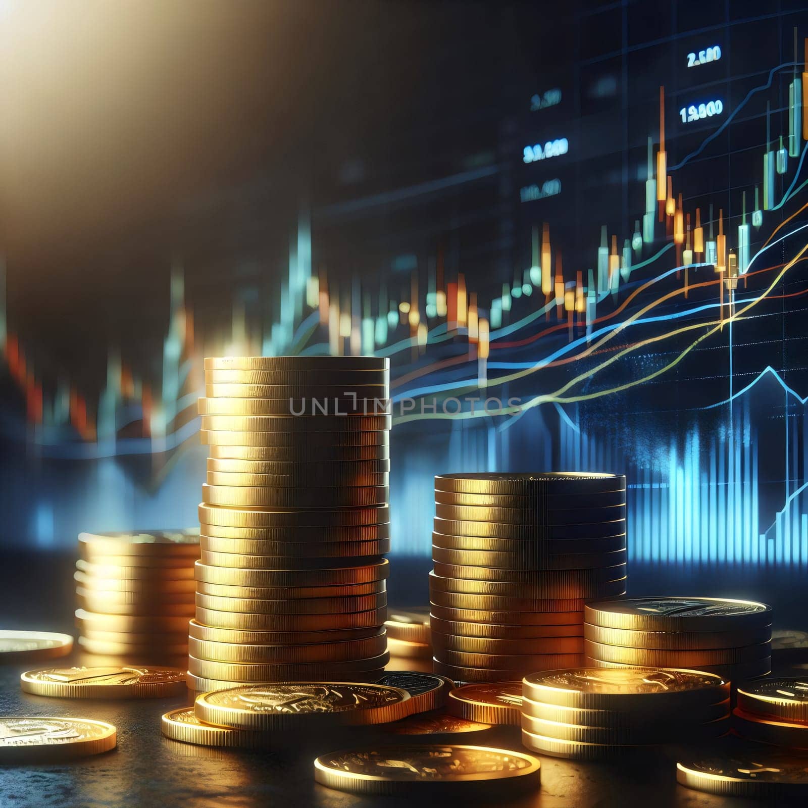 Stack of gold coins with a stock market graph in the background. High quality AI-generated photo.