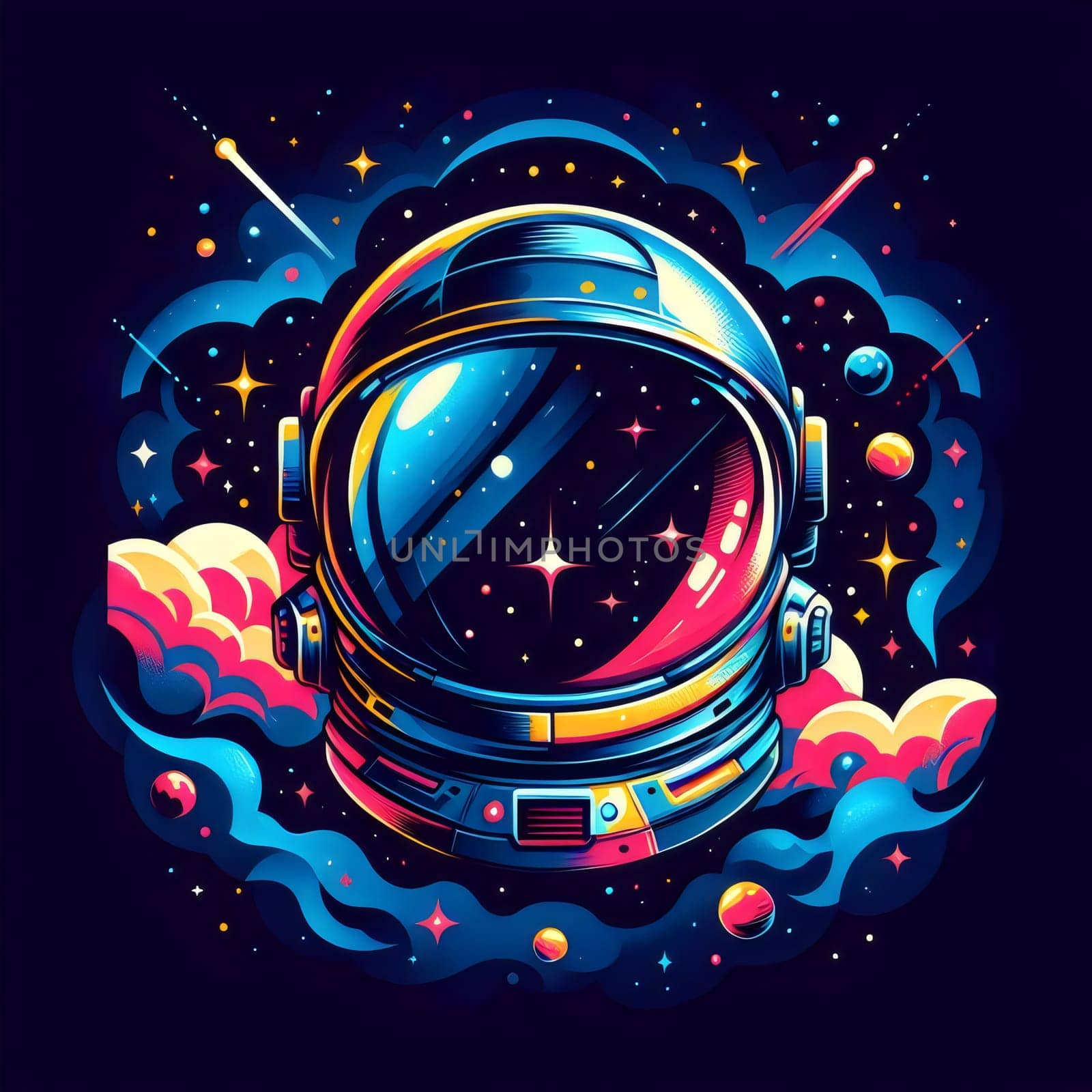 Illustration of an astronaut helmet with stars and planets reflected in the visor. High quality AI-generated photo.