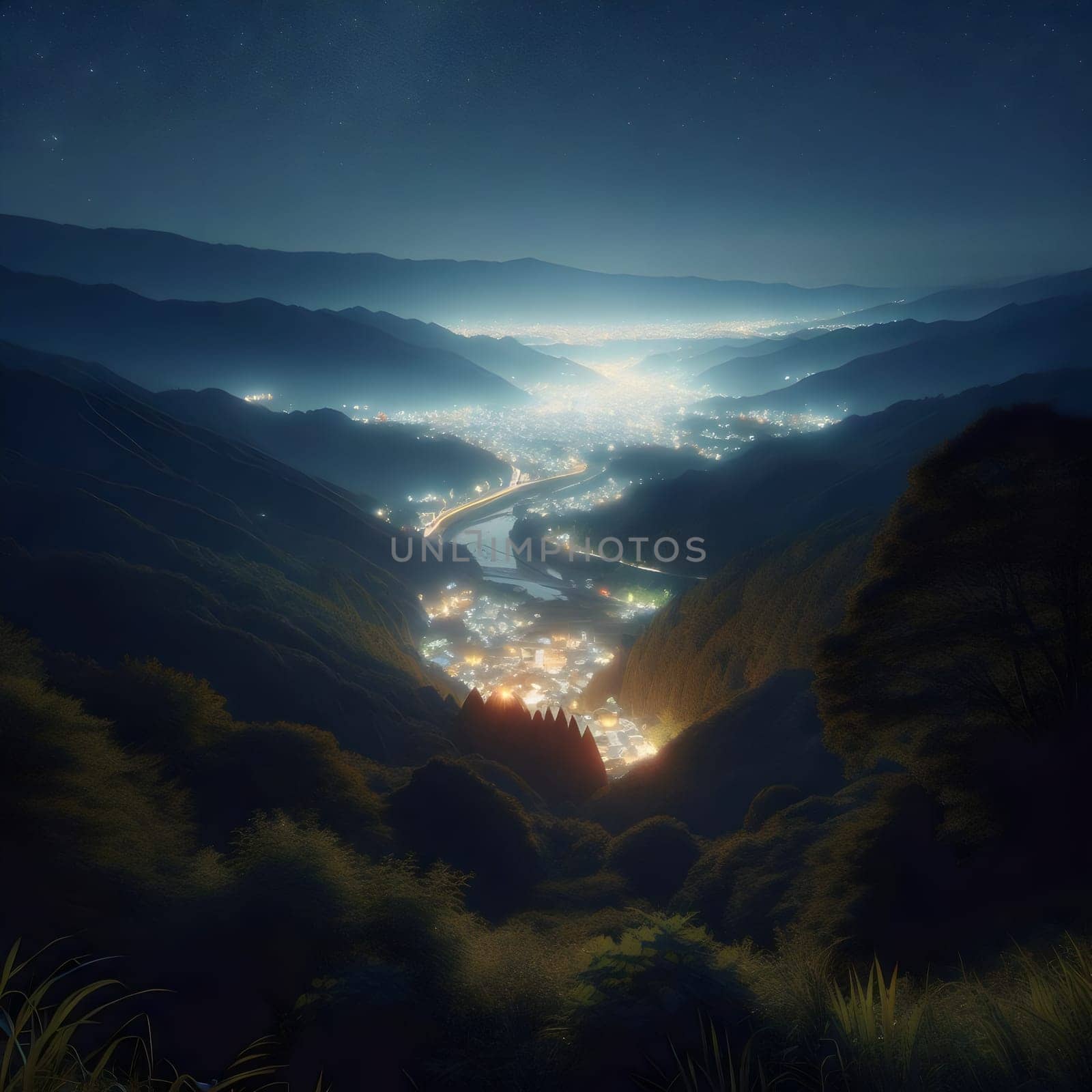 Night scene of a valley lit up by houses and a winding road. High quality AI-generated photo.