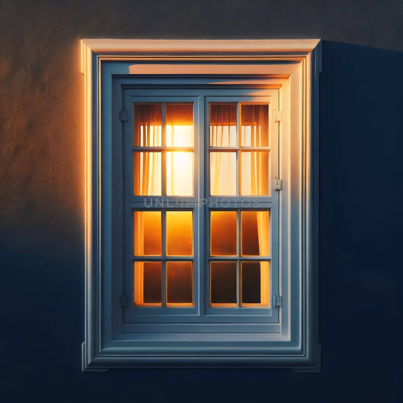 Photograph of a white window with curtains, showing a sunset through the panes. High quality AI-generated photo.