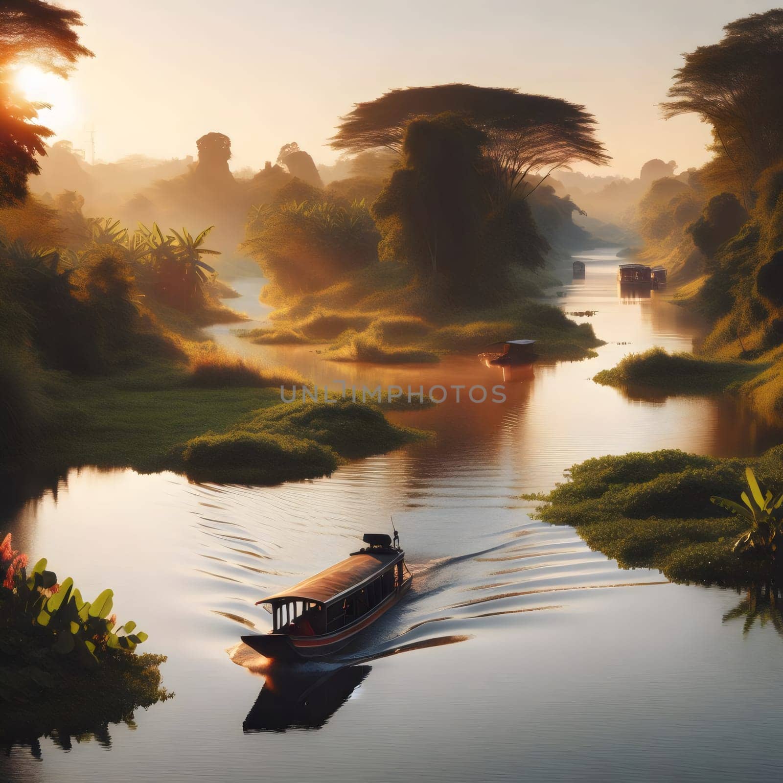A long boat travels down a river surrounded by lush green vegetation and trees during sunrise. High quality AI-generated photo.