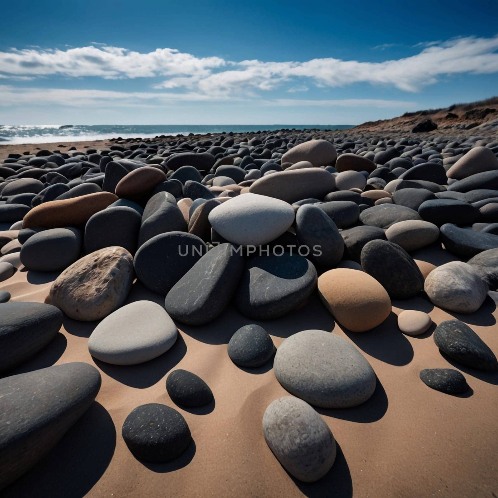 Collection of smooth, colorful stones on a sandy beach, with the ocean visible in the background. High quality AI-generated photo.